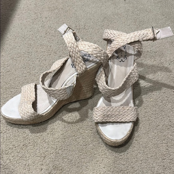 N.Y.L.A. Cream Wedge Sandals with Textured Straps - Picture 1 of 4